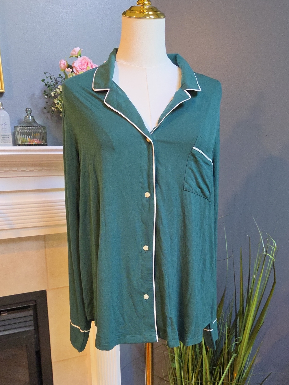 Women's Forest Green Button-Front Sleep Shirt